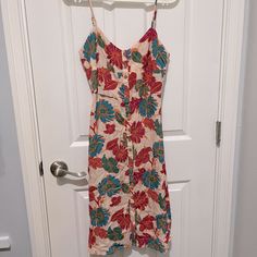 New Without Tag And Never Worn Size S From Forever21 Midi Button Dress With Bow Tie Open Back Mm2 Floral Print Button-up Midi Dress For Vacation, Summer Vacation Button-up Sundress, Floral Print Button-up Midi Dress For The Beach, Casual Pink Sundress With Tropical Print, Summer Button-up Sundress For Vacation, Pink Buttoned Midi Dress For Vacation, Summer Button-up Beach Sundress, Beach Button-up Summer Sundress, Summer Button-up Sundress For Beach