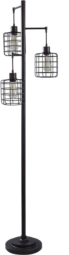 the three light lamp stand is black and has caged lamps on it's sides