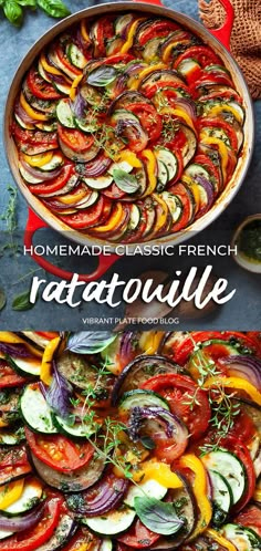 a pan filled with different types of vegetables on top of a blue tablecloth and the words, homemade classic french ratatoulie