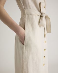 This midi linen dress should be in every wardrobe. Made from 100% organic linen and designed to be versatile, with elegant buttons down the front, and two pockets at the waist, and adjustable removable belt for the perfect fit.  | Quince | Women's Short Sleeve Dress in Sand, Size Medium, Linen Chic Linen Button-up Dress, Linen Dress With Button Closure For Daywear, Chic Linen Shirt Dress With Buttons, Chic Linen Dress With Buttons For Daywear, Chic Daywear Linen Dress With Buttons, Chic Linen Day Dress With Buttons, Chic Linen Dress With Button Closure For Day Out, Chic Button-up Linen Dress For Daywear, Casual Linen Dress With Button Cuffs For Spring