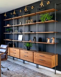 a room with a desk and shelves filled with plants