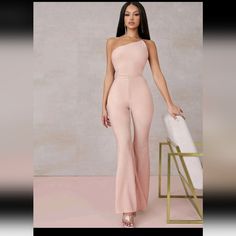 Never Worn! In Very Good Condition And Super Strechy Pink Off-shoulder Fitted Jumpsuits And Rompers, Chic Pink One-shoulder Jumpsuit, Trendy Fitted One-shoulder Jumpsuit, Trendy Fitted One-shoulder Jumpsuits And Rompers, Glitter Blush, Flare Jumpsuit, Blush Pink, Pant Jumpsuit, Pink Ladies