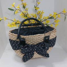 Ladies Spring/ Summer Straw Polks Dot Bow Handbag, Vegan Patent Blk Handles. Lnwt Black Bag For Day Out In Spring, Casual Black Bag For Day Out, Black Straw Bag For Summer Day Out, Summer Black Straw Bag For Day Out, Casual Black Straw Bag For Spring, Casual Black Straw Bag For Day Out, Black Bucket Straw Bag For Spring, Black Rectangular Straw Bag For Day Out, Black Summer Bags For Day Out