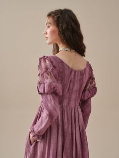 Wrap yourself in timeless romance with our linen dresses. This dress is tie-dyed by hand so that each piece is truly unique, like a work of art. It's also pretty detailed - puffed sleeves with floral lace detailing are playful yet romantic, lace-up designs and layered silhouette ensure a perfect fit that will turn head Boho Attire, Dress Layered, Cowl Knitting Pattern, Dyed Linen, Layer Dress, Puffed Sleeves Dress, Puffed Sleeves, Linen Dresses, Tie Dyed