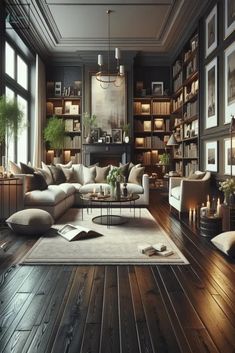 a living room filled with lots of furniture and bookshelves full of books on shelves