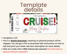 a ticket with the words cruise on it and an image of a christmas tree behind it