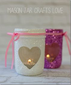 two mason jars with hearts on them and the words mason jar crafts love written in gold