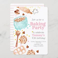 a bridal shower party card with cookies and spoons on the front, along with confetti sprinkles