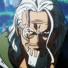 an anime character with long white hair and glasses on his face, looking at the camera