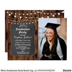 a graduation party with string lights and an old photo on the front, in black