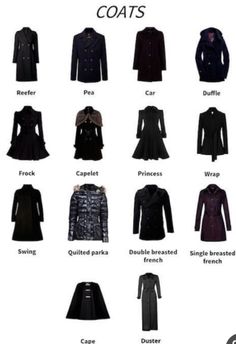 an image of coats that are in different colors and sizes, with the words coats on them