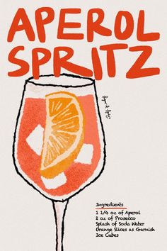 Illustrated Cocktail Recipe, Cocktail Poster Vintage, Retro Cocktail Illustration, Retro Cocktail Poster, Cocktail Painting Easy, Vintage Drink Poster, Aperol Spritz Print, Retro Illustration Poster, Aperol Spritz Drawing