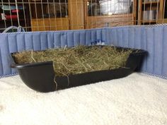 a caged area with hay and other animals in it, including an animal bed