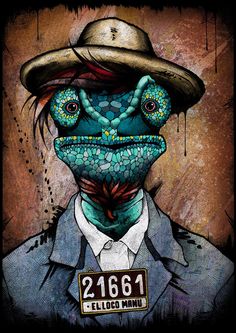 a painting of a lizard wearing a hat and suit with a name tag on it