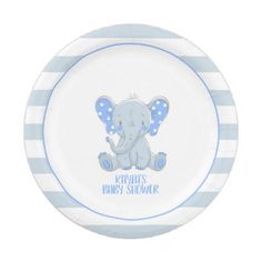 it's a boy paper plate with an elephant on the front and blue stripes