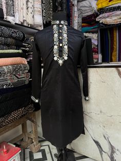 *2 Piece Black  , Men's Neck  Embroidery Design  Kurta Set , White Multi Colour Embroidery Kurta Pajama Set. *Fabric: %100  Cotton Satin , Thick, Warm, Comfortable, Breathable, Softer, Satin Feeling *Center 4 Button With Zipper Regular Fit Pant  *This Suit Has A 6" Drop Which Is The Difference Between The Size Of The Sherwani & Pants. For Example, A 40r Jacket Includes A 34W Pant *Dry Clean Only Important Note: All Our Products Are Made To Order ! Please Contact Us For Perfect Fitting Suit. *We Embroidery Kurta Design For Men, Bollywood Embroidered Fabric With Dabka For Eid, Designer Straight Kurta With Dabka Work, Unstitched Suit With Dabka Work For Eid Ceremonies, Designer Semi-stitched Kurta With Dabka, Traditional Salwar Kameez With Dabka For Ceremonies, Embroidered Chanderi Fabric For Straight Kurta With Dabka, Salwar Kameez With Resham Embroidery For Diwali, Eid Chanderi Kurta With Dabka Work