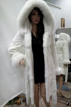 NEW,Real and Natural HOODED WHITE Fullpelts RABBIT fur coat with beautiful white FOX around! Slightly sheared. Fur belt but you can wear it without the belt! Use the belt as a scarf! Super soft,comfortable and light in weight! Beautiful fur in the best quality! Order it in Any length or color! Order it with detachable hood Order it with big collar fox. Pictures are private property. Made in one of the best Greek fur workshop! Wholesale- retail. No returns accepted. White Hooded Outerwear, White Hooded Outerwear With Double-lined Hood, White Hooded Outerwear For Fall, Hooded White Outerwear For Fall, White Outerwear With Double-lined Hood For Winter, White Spring Outerwear With Double-lined Hood, White Hooded Hoodie For Cold Weather, Fitted White Hooded Winter Jacket, Fitted White Hooded Jacket For Winter