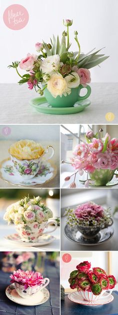 flowers in tea cups and saucers are shown