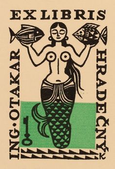 a stamp with a mermaid holding two fish on it's back and the words ex libris