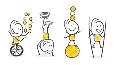 an image of people doing different things in the same line drawing style, with one person on