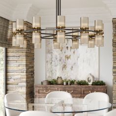 a dining room table with white chairs and a chandelier hanging from the ceiling