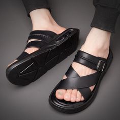 Casual Shoes: Stay Cool and Comfortable in These Genuine Leather Men's Summer Sandals! Hey there! Check out these awesome summer sandals for men - they're made of genuine leather and come in black or brown. Perfect for beach vacations or just casual wear! These sandals have a soft, non-slip sole and a flat heel height of 1cm or less, so you can wear them comfortably all day long. They feature a basic sandal design with a solid color pattern and a fashion element of sewing. The upper material is Black Leather Sport Sandals For Summer, Black Sport Sandals With Leather Footbed For Summer, Black Leather Footbed Sport Sandals For Summer, Black Leather Closed Toe Sport Sandals, Black Leather Sandals For Outdoor, Black Leather T-strap Sandals Casual Style, Outdoor Black Leather Sandals, Cheap Men's Sandals With Leather Footbed, Casual Leather T-strap Footbed Sandals