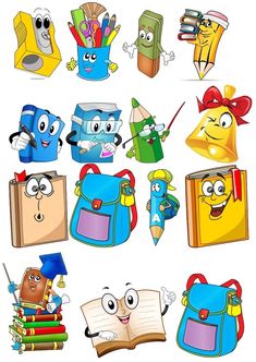 cartoon school supplies are grouped together in this image