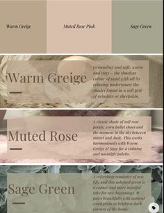 four different shades of paint with the words warm, greige, muted rose and sage green