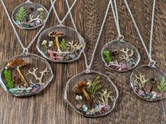 four glass pendants with different types of plants and animals in them on a wooden table