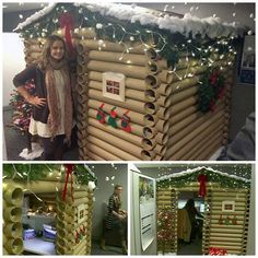 two pictures of a woman standing in front of a building made out of cardboard tubes