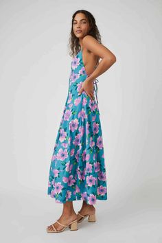 Rent Finer Things Printed Midi Dress from Nuuly. Pick 6 items for $98/month. Free shipping + returns. Tropical Dresses For Garden Party, Tropical Halter Neck Dress For Garden Party, Tropical Sleeveless Tie Back Dress, Tropical Blue Halter Neck Dress, Free People Aesthetic, People Aesthetic, Simple Sandals, Cold Fits, Back Details