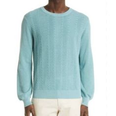 Canali Men's Turquoise Cotton Cable Knit Crewneck Sweater Size 54 (Us Xl) Nwot Men's Size 54 Converts To Us Xl In New Without Tags Condition 100% Cotton Made In Italy Cable Knit Msrp $475 Measurements Are Pictured Flat And Approximate Pit To Pit 22.5" Length 28" Hhh037 10 Oz Classic Light Blue Winter Sweater, Blue Fitted Cashmere Sweater, Fitted Blue Cashmere Sweater, Classic Long Sleeve Light Blue Sweater, Classic Light Blue Long Sleeve Sweater, Turquoise Long Sleeve Sweater For Winter, Casual Turquoise Winter Sweater, Knit Crewneck, Crewneck Sweater