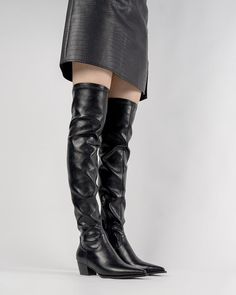 Details Women Size: US 5-10 Heel Height: 5.5 cm/2.17" Color: Black, Apricot Toe: Pointed Toe Material Lining Material: Superfine Fiber Outsole Material: Rubber Upper Material: Leather Insole Material: Leather Casual Black Thigh-high Platform Boots, Casual Black Thigh High Platform Boots, Black Faux Leather Knee-high Boots, Winter Black Faux Leather Knee-high Boots, Black Knee-high Boots For Spring, Trendy Black Knee-high Wedge Boots, Black Over-the-knee Heeled Boots For Spring, Fitted Black Platform Boots For Fall, Fitted Black Platform Boots For Work