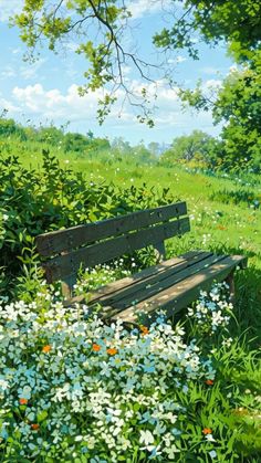 a painting of a park bench surrounded by wildflowers