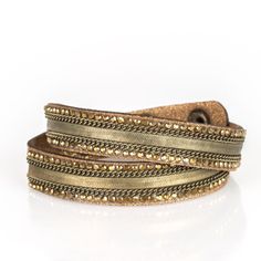 Rows Of Classic Brass Chain, Flat Brass Chain, And Dainty Aurum Rhinestones Are Encrusted Along A Brown Suede Band Dusted In Golden Sparkles For A Sassy Look. The Elongated Band Allows For A Trendy Double Wrap Design. Features An Adjustable Snap Closure. Sold As One Individual Bracelet. Adjustable Bedazzled Gold Jewelry, Embellished Gold Jewelry For Festival, Rhinestone Belt Buckle, Silver Watches Women, Sparkle Bracelet, Gold Aviator Sunglasses, Watches Women Leather, Wide Leather Belt, Snap Bracelets