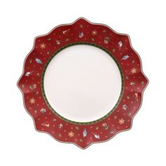 a red and green plate with christmas decorations on it