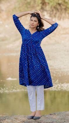 This gathered A-line Bandhej kurta in blue is perfect for all special occasions. You can even wear it as a dress for a leisure day out. Sequins Blouse, Black Lehenga, Silk Kurta, Cotton Kurta, Days Out, A Dress, Cotton Silk, Wear It, Lehenga