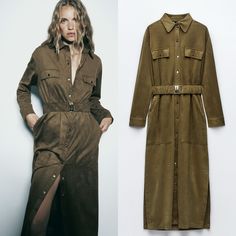 Faux Suede Olive Green Snap Button Shirt Dress Longline Maxi Duster With Removable Belt And Side Pockets From Zara. New With Tags. Size Small, Loose Fit, Armpit To Armpit ~20”, Shoulder To Hem Length ~50”. B18 Shirt Dress Maxi, Button Shirt Dress, Zara New, Maxi Shirt Dress, Dress Maxi, Button Shirt, Zara Dresses, Snap Button, Faux Suede