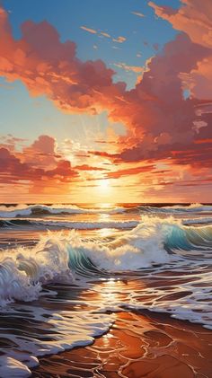 a painting of the sun setting over the ocean with waves crashing in front of it