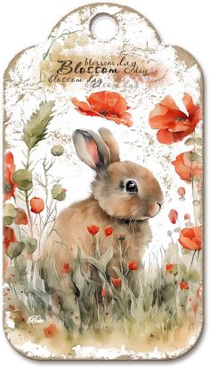 a watercolor painting of a bunny sitting in the grass with red flowers on it's back