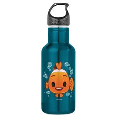 a blue water bottle with an orange fish on the side and bubbles in the background