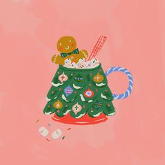 an illustration of a christmas tree in a mug with marshmallows on it