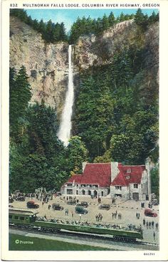 an old postcard shows a waterfall in the background