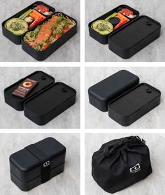 four images show different types of food in black containers