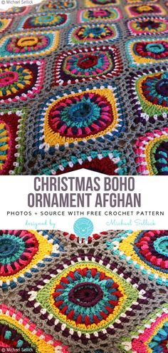 christmas boho ornament afghan with free crochet pattern on the bottom