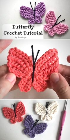 crocheted butterflies are shown in three different colors and sizes, with the words butterfly crochet on them