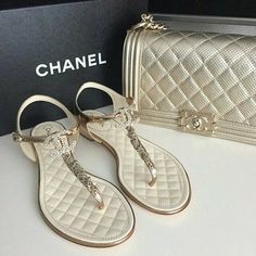 Sandals Chanel, Cream Sandals, Shoe Wardrobe, Chanel Sandals, Girly Shoes, Chanel Fashion, Fashion Sandals, Handbag Shoes, Shoe Lover