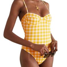 Nwot Size M Printed Yellow Swimwear For Poolside, Yellow Retro Summer Swimwear, Fitted Yellow One-piece Swimsuit For Poolside, One-piece Gingham Swimwear For Summer, Yellow Printed One-piece Swimwear, Cruise Wardrobe, Retro Swimwear, Faithfull The Brand, Yellow White