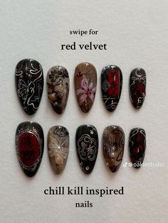 Artsy Nail Art, Deftones Nails, Red Velvet Nails, Velvet Nails, Punk Nails, Goth Nails, Grunge Nails, Pretty Gel Nails, Really Cute Nails