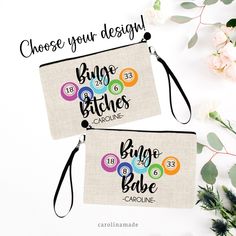 two zipper bags with the words, choose your design